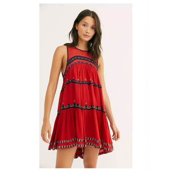 Free People Red Beaded Embroidered Mini Dress Sz M - Picture 1 of 10